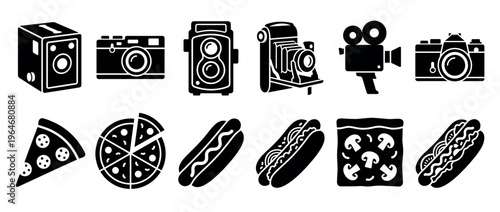 Camera and fast food icons set featuring different types of photographic equipment, delicious pizza, and classic hot dogs.