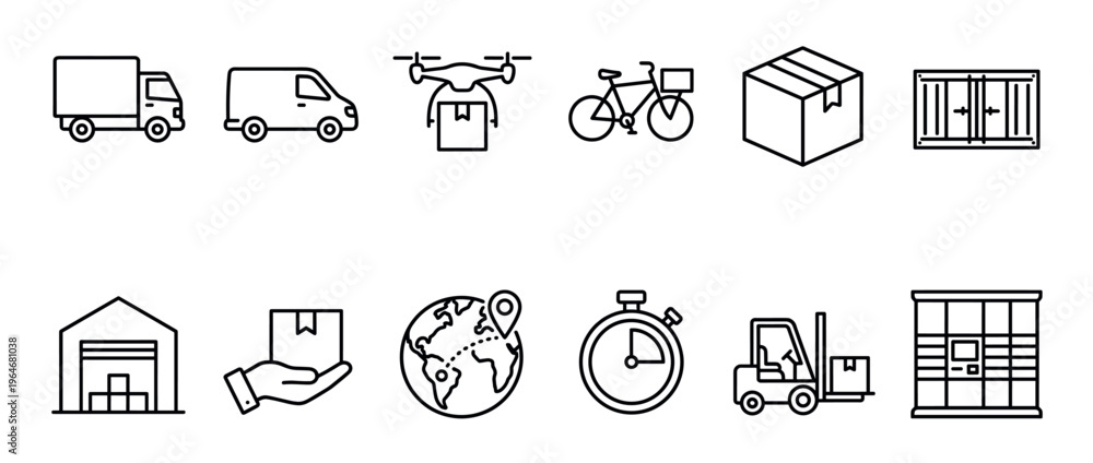 Fototapeta premium Delivery logistics shipping transportation package icons representing various methods and elements of modern global commerce and supply chain management.