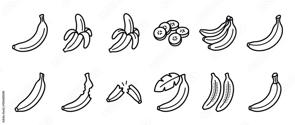 Obraz premium Banana fruit line art collection showing whole, peeled, sliced, bitten, and broken bananas, perfect for healthy food concepts.