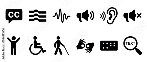 Collection of black accessibility icons and disability symbols representing various forms of inclusion and assistance for diverse needs.