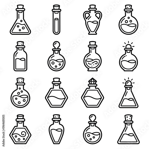 Collection of outline potion bottles, flasks, and beakers filled with various liquids and stoppers, representing magic, science, and alchemy.
