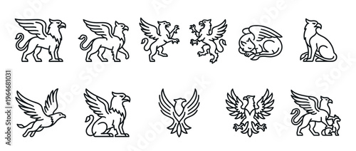 Heraldic griffin and eagle symbols presented as a diverse set of outline vector icons, embodying ancient mythology and fantasy.