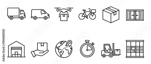 Delivery logistics shipping transportation package icons representing various methods and elements of modern global commerce and supply chain management.