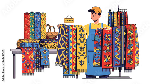 Colorful Rugs Displayed in Market: A vendor carefully presents a selection of vibrant, intricately patterned rugs at a bustling marketplace stall, showcasing the artistry and craftsmanship.