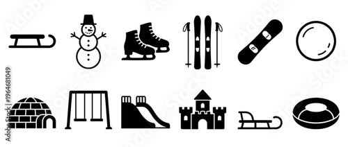 Winter sports and playground icons collection featuring various outdoor activity symbols like sleds, skis, snowboards, swings, and slides.