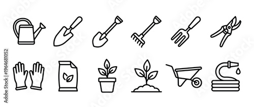 Collection of various gardening tools and equipment, including watering can, shovels, rakes, gloves, and plants, for horticulture and yard work.