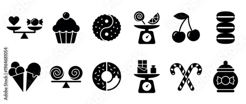Dessert and sweet food icons collection featuring various confectionery items, fruits, and scales in a modern flat design style.