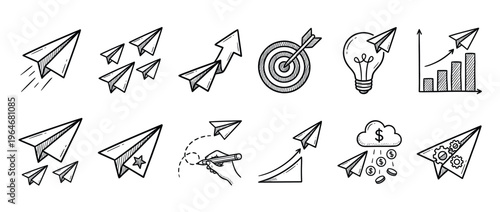 Paper airplanes and business concept doodles illustrating success, innovation, strategy, and financial growth in a hand-drawn sketch style.