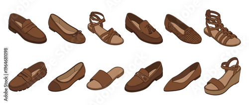 Brown women's shoes seamless pattern featuring various styles like loafers, ballet flats, and sandals, perfect for fashion and textile designs.