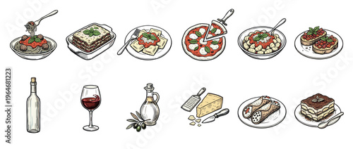 Collection of traditional Italian food dishes, ingredients, and drinks, including pasta, pizza, cheese, wine, and desserts, in a vintage hand-drawn style.