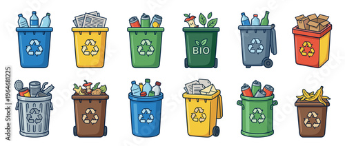 Recycling bins and trash cans filled with various types of waste for sorting and environmental protection, illustrating proper garbage disposal.