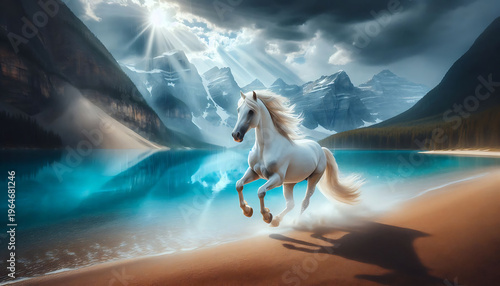 white horse with long mane run in beach dust