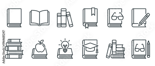 Books education learning knowledge icons collection representing various aspects of academic study, wisdom, and intellectual development.