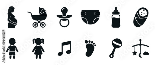 Collection of baby and pregnancy related silhouette icons including a pregnant woman, stroller, pacifier, diaper, bottle, and newborn.