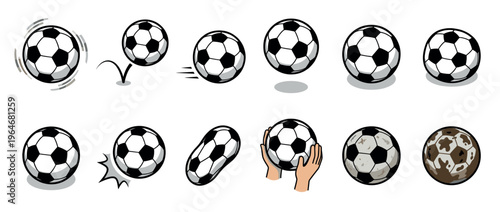 Soccer balls in various dynamic states and conditions, including spinning, bouncing, moving, held, and dirty, depicted as a collection of graphic illustrations.