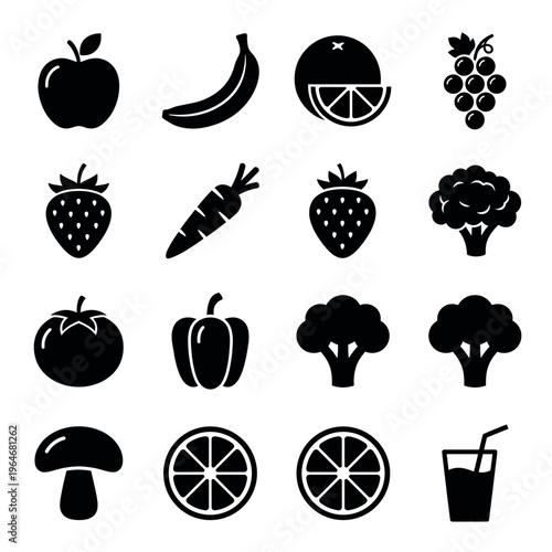 Collection of various fruit, vegetable, and juice icons representing healthy eating, fresh produce, and natural food choices.