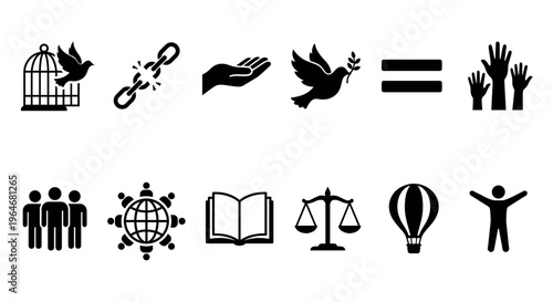 Human rights, freedom, peace, equality, justice icons representing universal values and social concepts for global awareness and liberation.