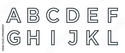Set of twelve uppercase English alphabet characters from A to L rendered in a stylish outline typography.