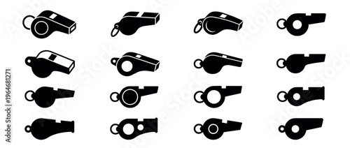 Whistle icons collection for sports, coaching, and emergency signaling in various black silhouette designs.