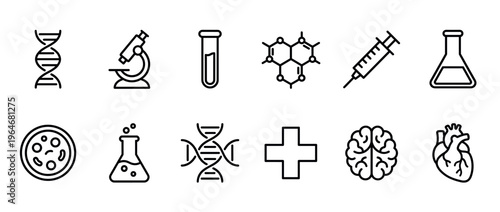 Science medical biology research health icons representing various laboratory equipment, human anatomy, and chemical structures for healthcare and scientific studies.