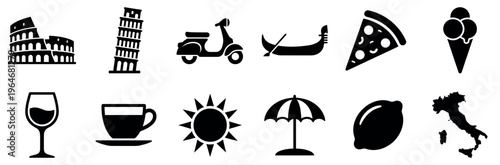 Collection of Italian symbols and cultural icons representing travel, food, and famous landmarks in a simple silhouette style.