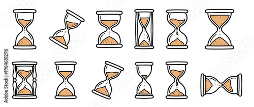 Hourglasses in a hand-drawn doodle style, depicting the passage of time with sand flowing through the glass bulbs.