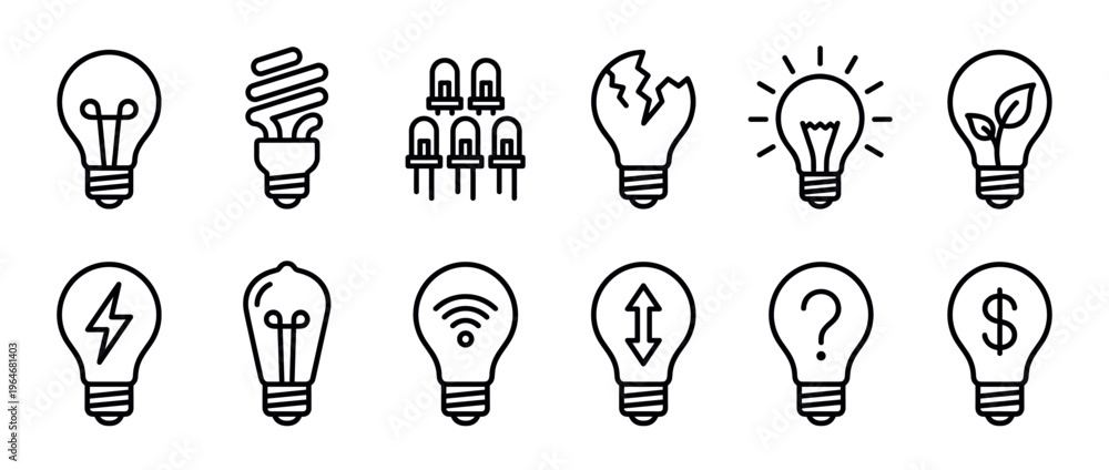 Obraz premium Light bulb icons collection representing various concepts of ideas, energy, technology, and innovation in a modern outline style.