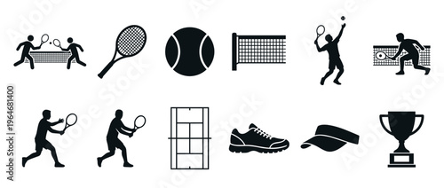 Tennis icons set featuring various elements of the sport including players, racket, ball, net, court, shoe, visor, and a trophy.