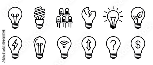 Light bulb icons collection representing various concepts of ideas, energy, technology, and innovation in a modern outline style.