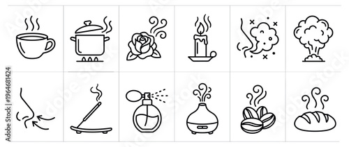 Collection of various smell icons representing different aromas and odors, from pleasant fragrances to unpleasant fumes, in a simple line art style.