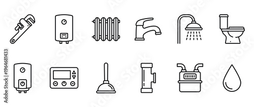 Plumbing and heating icons set featuring various tools, fixtures, and appliances for water systems and climate control.