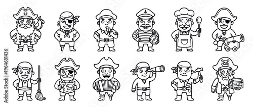 Collection of funny cartoon pirate characters in various roles and poses, ready for adventure on the high seas.