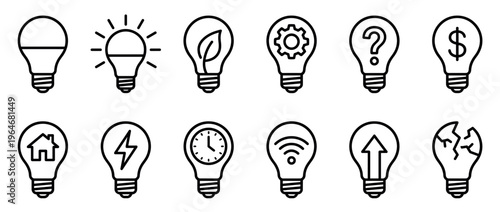 Diverse lightbulb icon set symbolizing innovation, sustainability, problem-solving, financial ideas, smart living, and energy efficiency in a clean outline style.