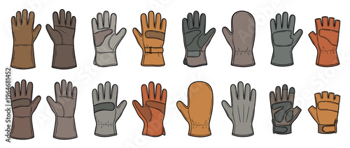 Collection of various protective gloves, mittens, and fingerless handwear for work, winter, and outdoor activities in a cartoon style.