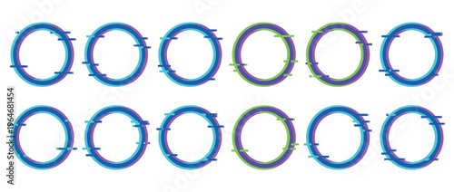 Glitch circles with digital distortion effect in vibrant blue, purple, and green colors, creating a modern abstract design element.