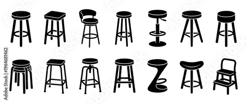 Bar stools and chairs vector icon set showcasing various modern and classic seating designs for home and commercial interiors