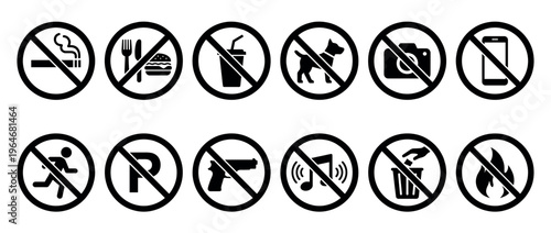 Collection of universal prohibition signs illustrating various forbidden actions and restricted activities in public and private spaces.