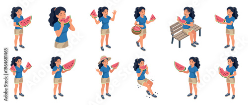 Young woman happily eating and holding juicy watermelon slices, representing a healthy and refreshing summer treat.