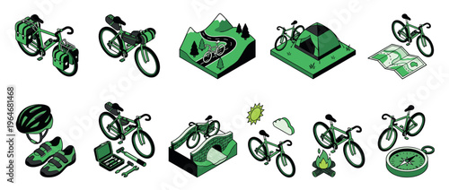 Bicycle touring equipment and outdoor adventure elements are depicted in a collection of isometric illustrations for bikepacking and camping trips.