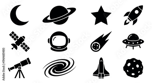 Collection of various space icons including planets, rockets, stars, and celestial bodies, representing astronomy and cosmic exploration.