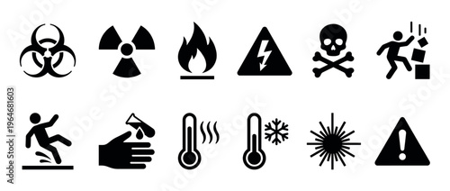 Comprehensive collection of universal hazard symbols and warning signs representing various dangers and safety precautions for industrial, chemical, and environmental risks.