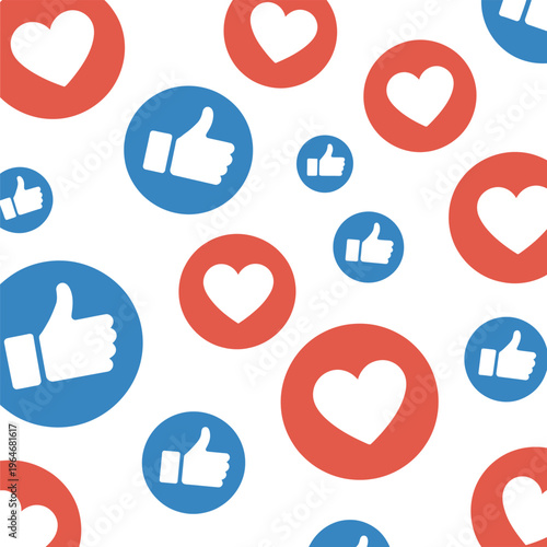 Social media likes and hearts pattern on a white background
