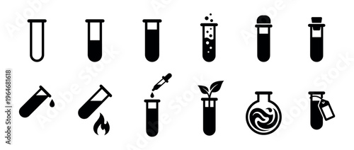 Collection of black silhouette test tube icons depicting various laboratory experiments, scientific research, and chemical processes.