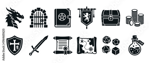 Collection of fantasy role-playing game icons featuring dragons, swords, shields, treasure, maps, and magic items for adventure concepts.