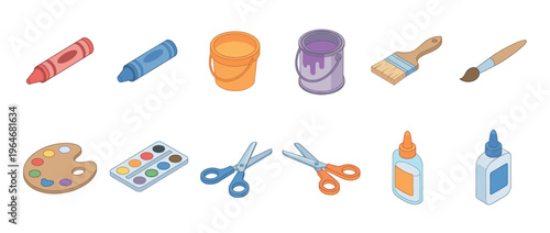 Art supplies and craft tools collection featuring crayons, paint, brushes, palette, watercolors, scissors, and glue bottles for creative projects.