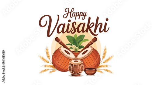 Happy Vaisakhi typography design with traditional dhol coconut kalash and wheat illustration festive Punjabi harvest festival greeting celebrating culture joy