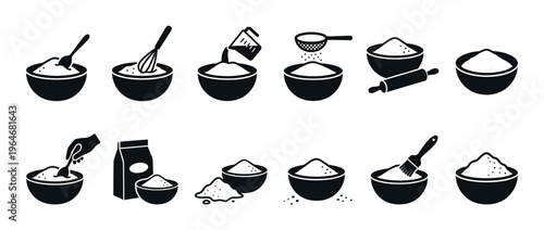 Baking ingredients and kitchen tools vector icons set illustrating various stages of preparing dough or other recipes for cooking.