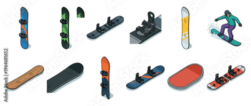 Snowboards and snowboarding equipment collection featuring various board designs, bindings, and a person actively riding a snowboard in isometric illustration.