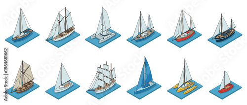Collection of various isometric sailboats and yachts, including monohulls, catamarans, and schooners, depicted in a cartoon style.