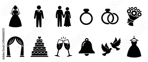 Wedding icons, marriage symbols, and bridal elements collection representing love, celebration, and commitment for graphic design and event planning.